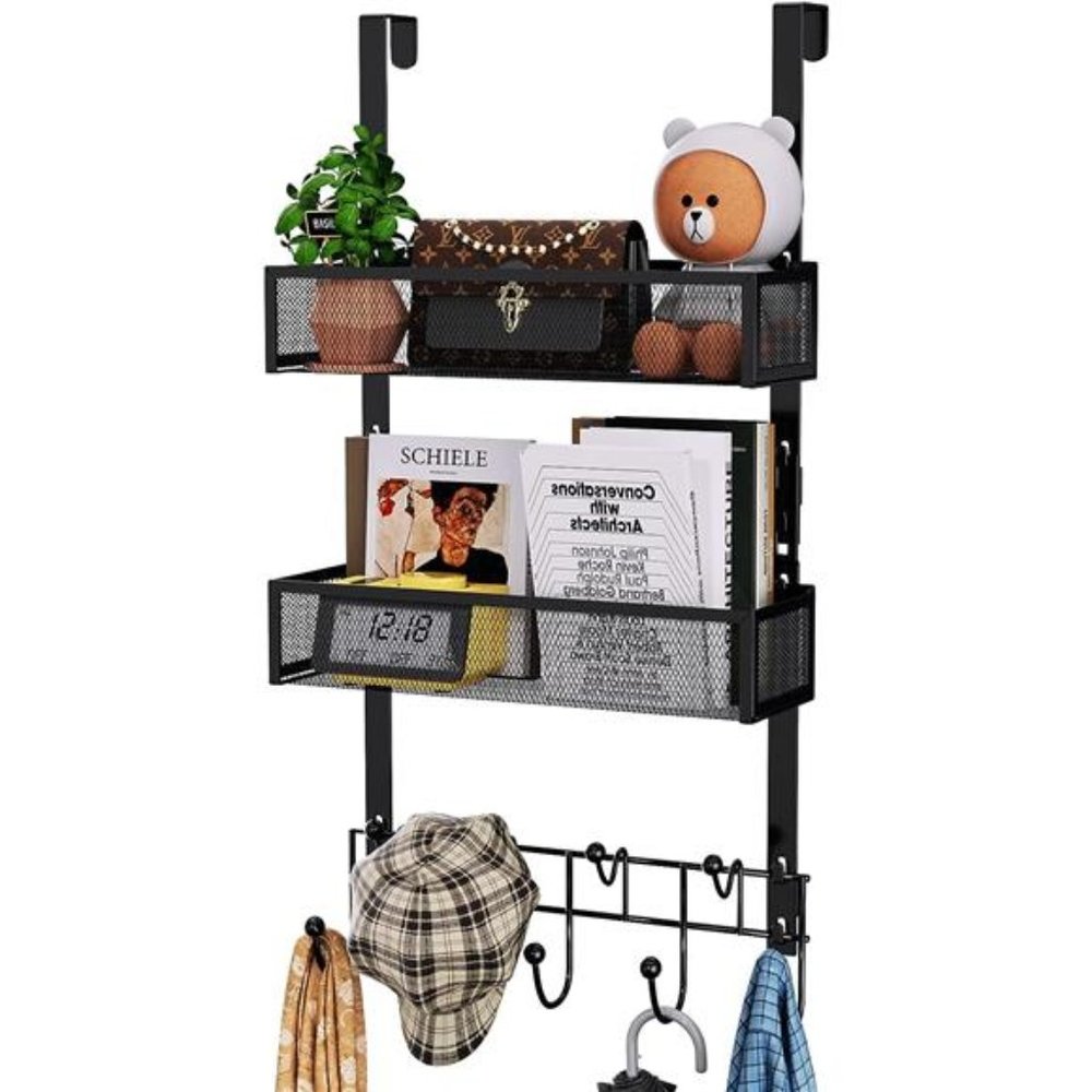 Over The Door Hanger with 9 Coat Hooks and 2 Baskets Stainless Steel Waterproof